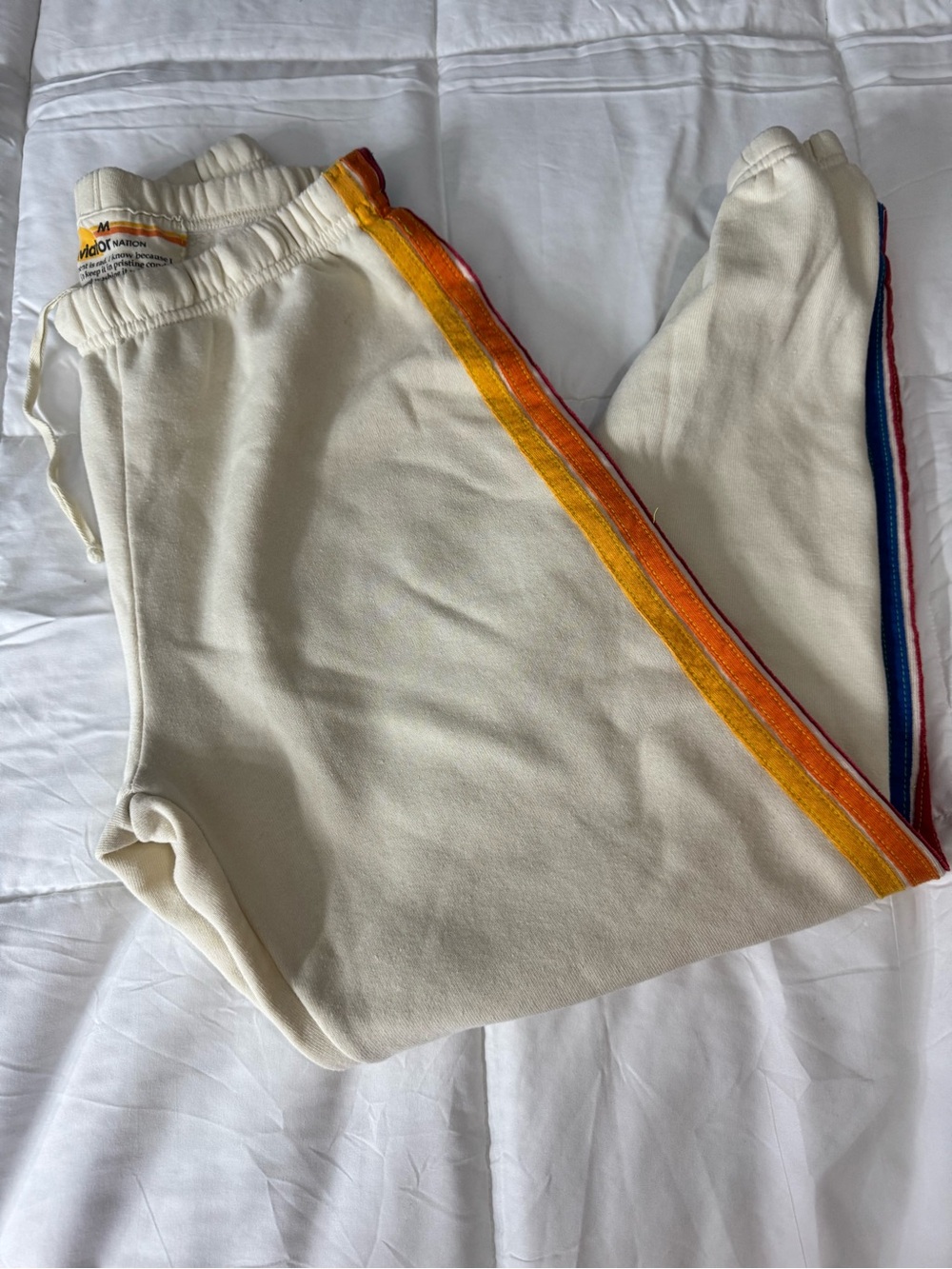 Aviator Nation Cream Sweatpants with Orange & Yellow Side Stripes